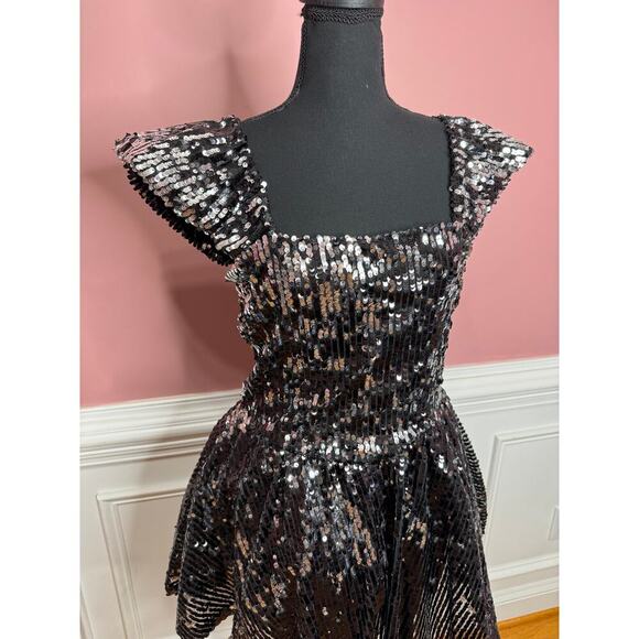 Aniye By Gemma Sequin Mini Dress in Black Medium Flutter Sleeve Ruffle Lined - Picture 6 of 6
